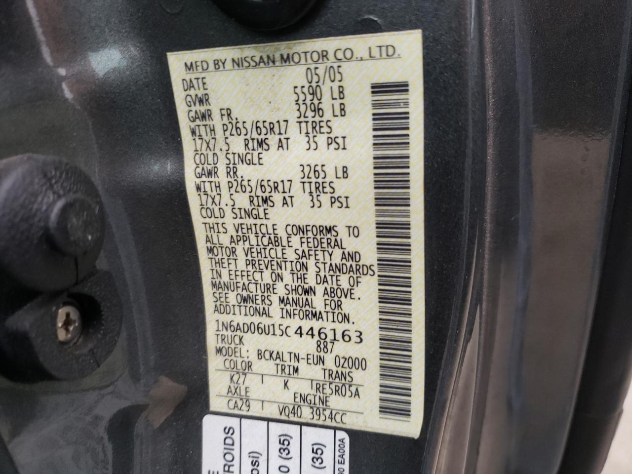 Photo 10 from auction – 2005 NISSAN FRONTIER K with VIN 1N6AD06U15C446163