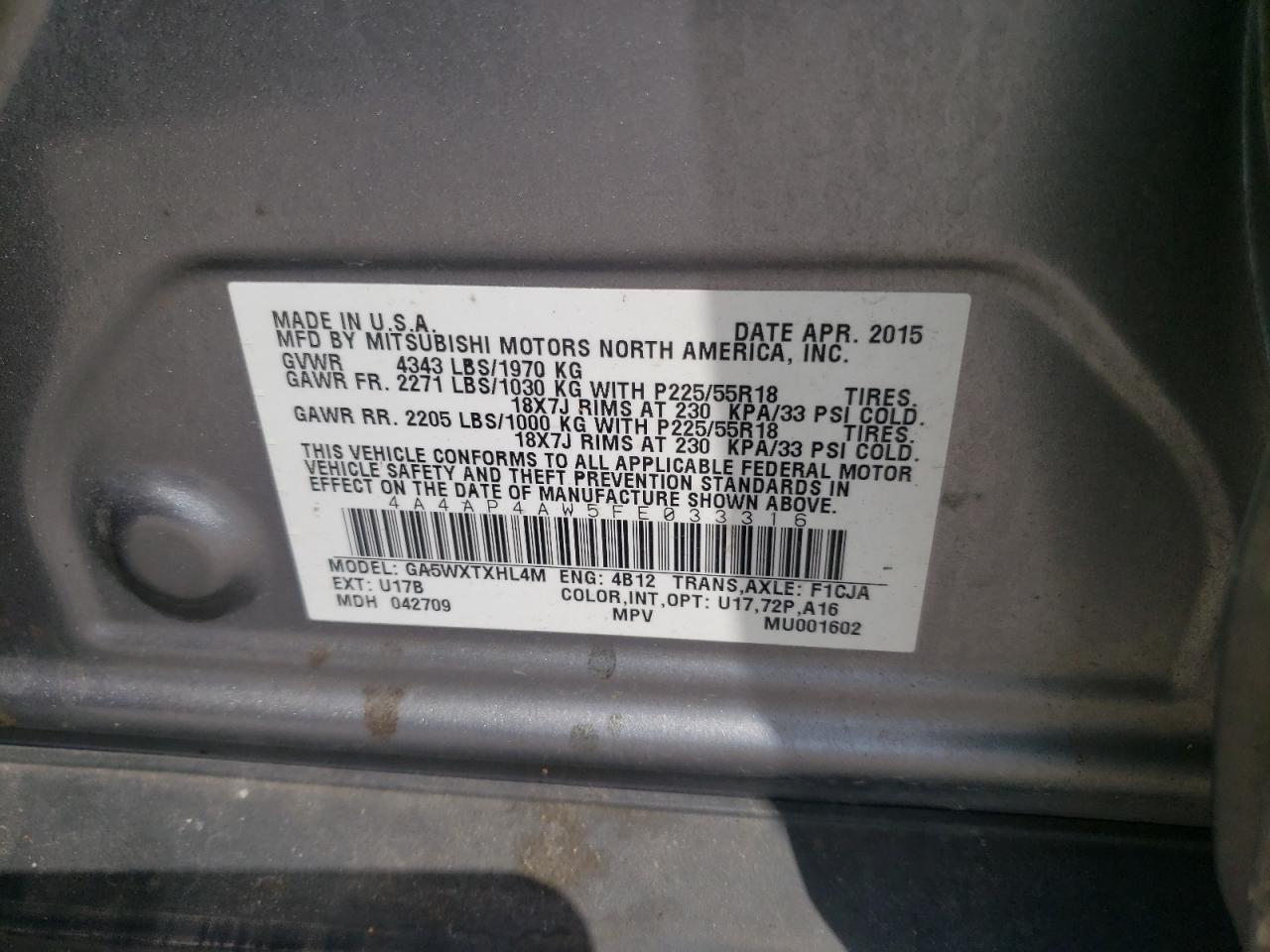 Photo 10 from auction – 2015 MITSUBISHI OUTLANDER with VIN 4A4AP4AW5FE033316