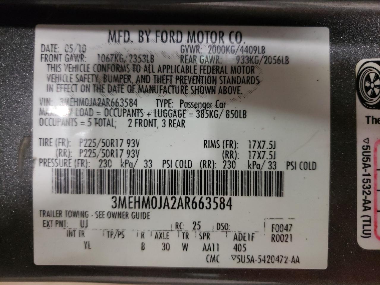 Photo 10 from auction – 2010 MERCURY MILAN PREM with VIN 3MEHM0JA2AR663584