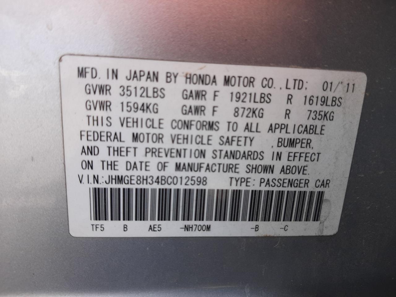 Photo 10 from auction – 2011 HONDA FIT with VIN JHMGE8H34BC012598