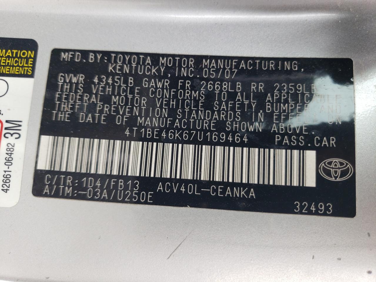 Photo 10 from auction – 2007 TOYOTA CAMRY CE with VIN 4T1BE46K67U169464