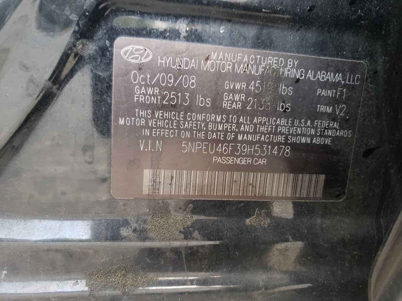 Photo 10 from auction – 2009 HYUNDAI SONATA SE with VIN 5NPEU46F39H531478