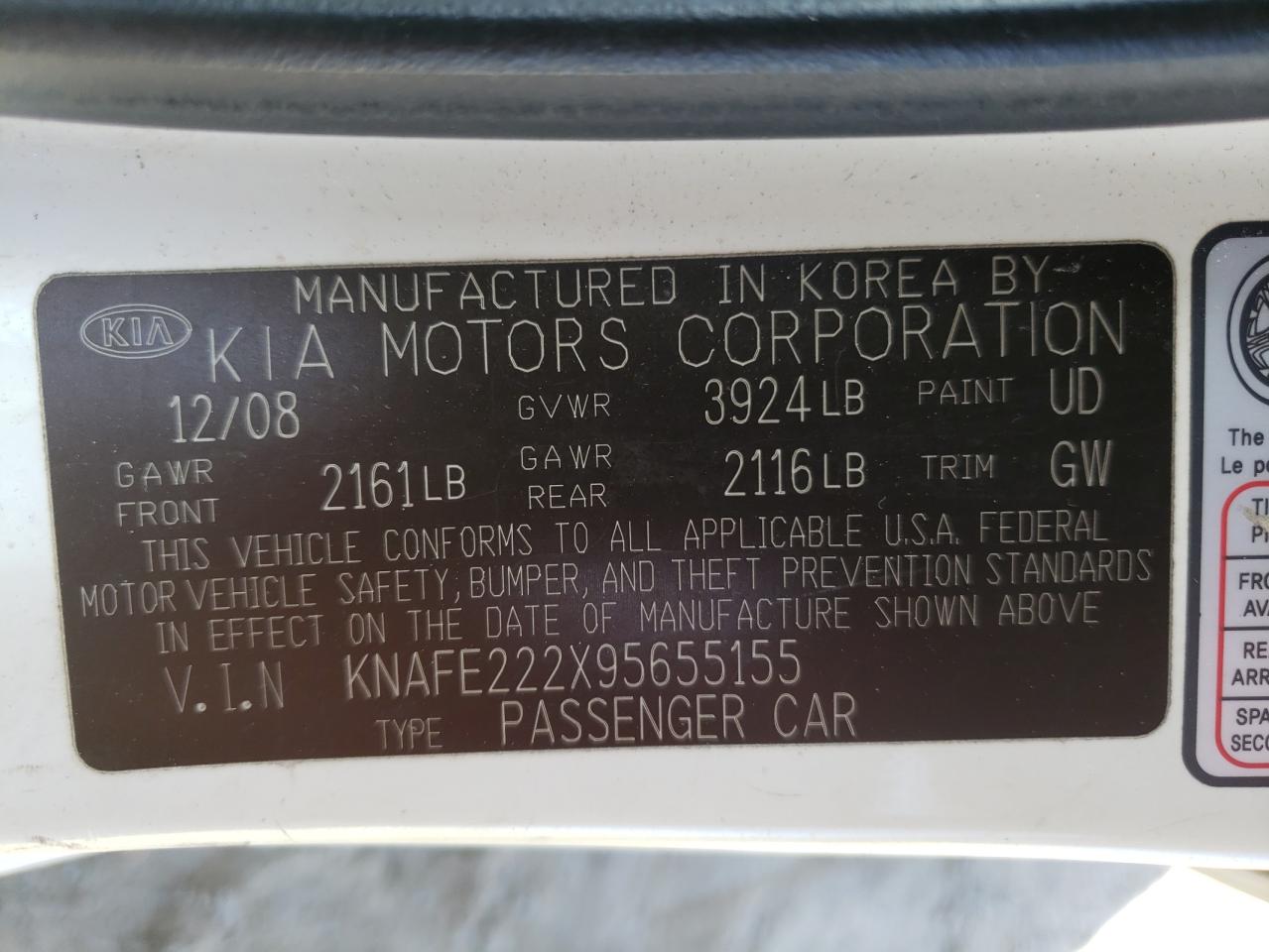 Photo 10 from auction – 2009 KIA SPECTRA EX with VIN KNAFE222X95655155