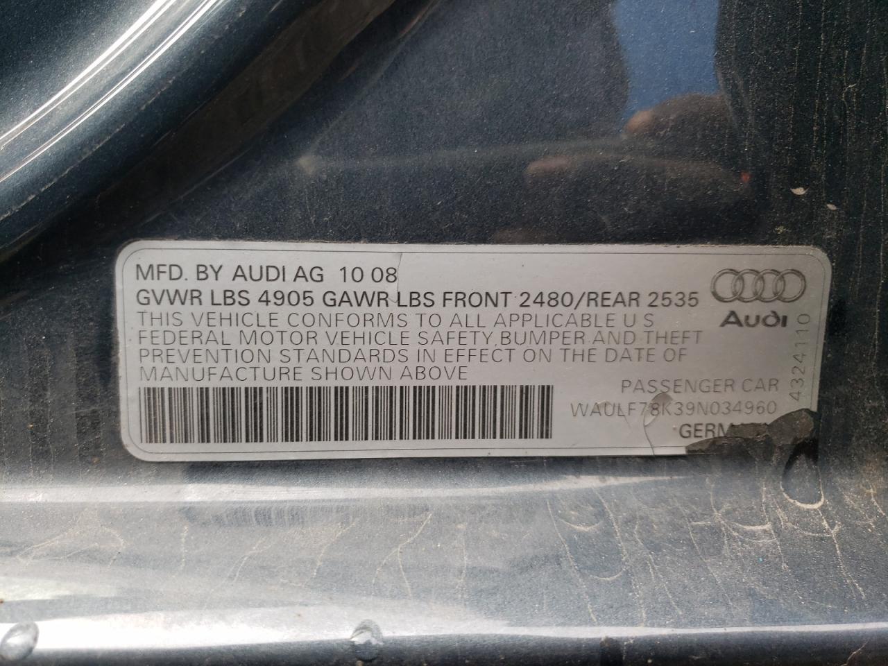 Photo 10 from auction – 2009 AUDI A4 2.0T QU with VIN WAULF78K39N034960