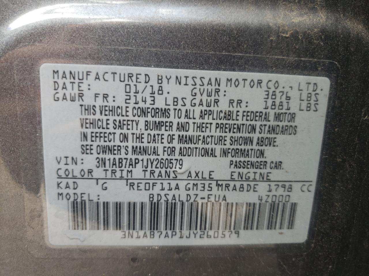Photo 10 from auction – 2018 NISSAN SENTRA S with VIN 3N1AB7AP1JY260579