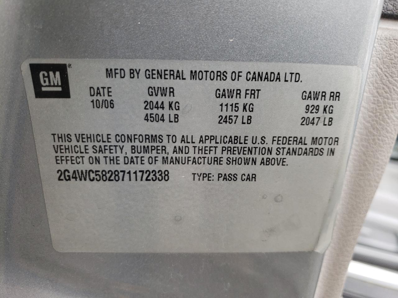 Photo 11 from auction – 2007 BUICK LACROSSE C with VIN 2G4WC582871172338