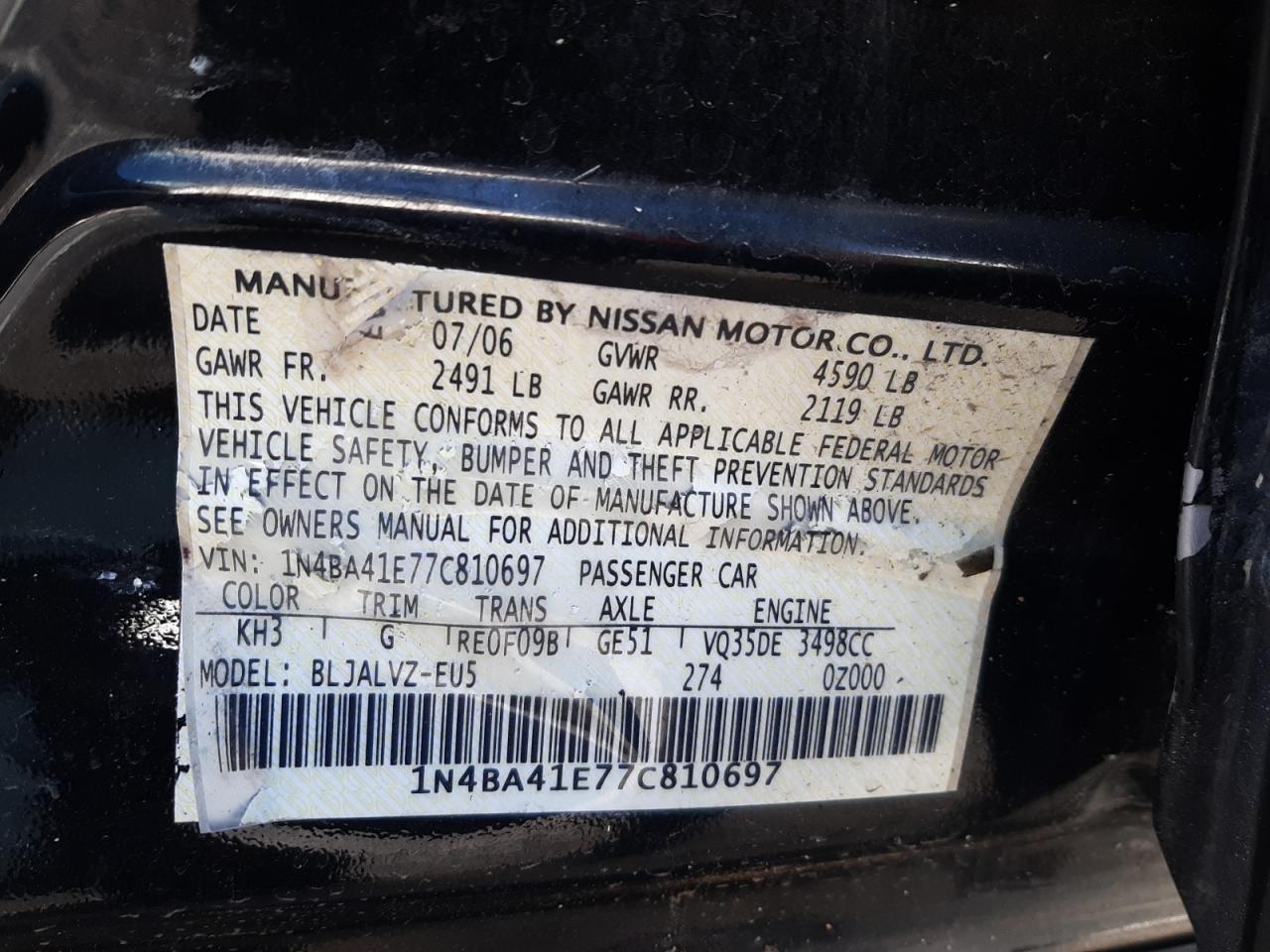 Photo 10 from auction – 2007 NISSAN MAXIMA SE with VIN 1N4BA41E77C810697