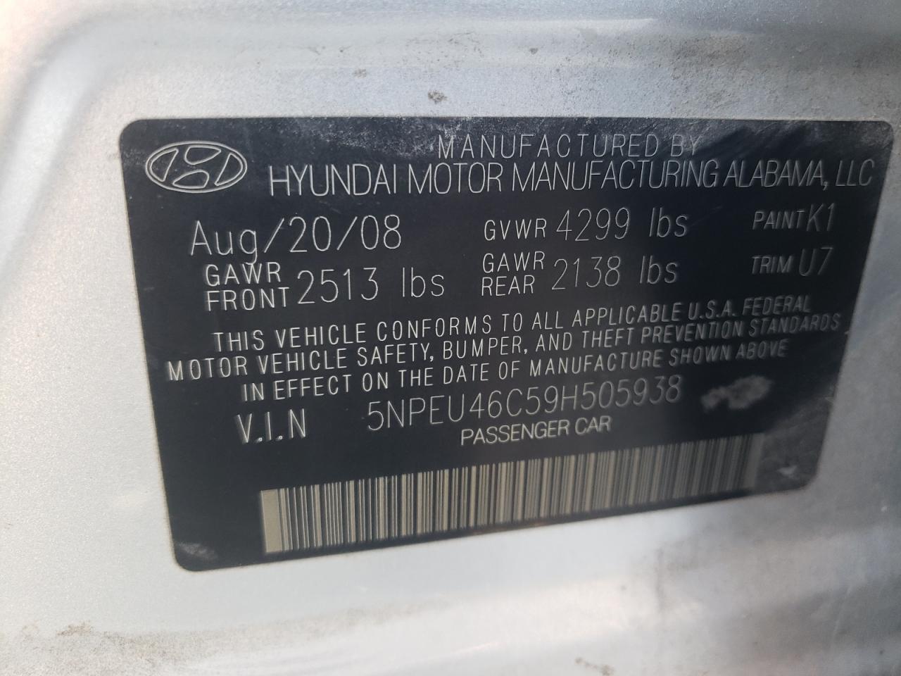 Photo 10 from auction – 2009 HYUNDAI SONATA SE with VIN 5NPEU46C59H505938