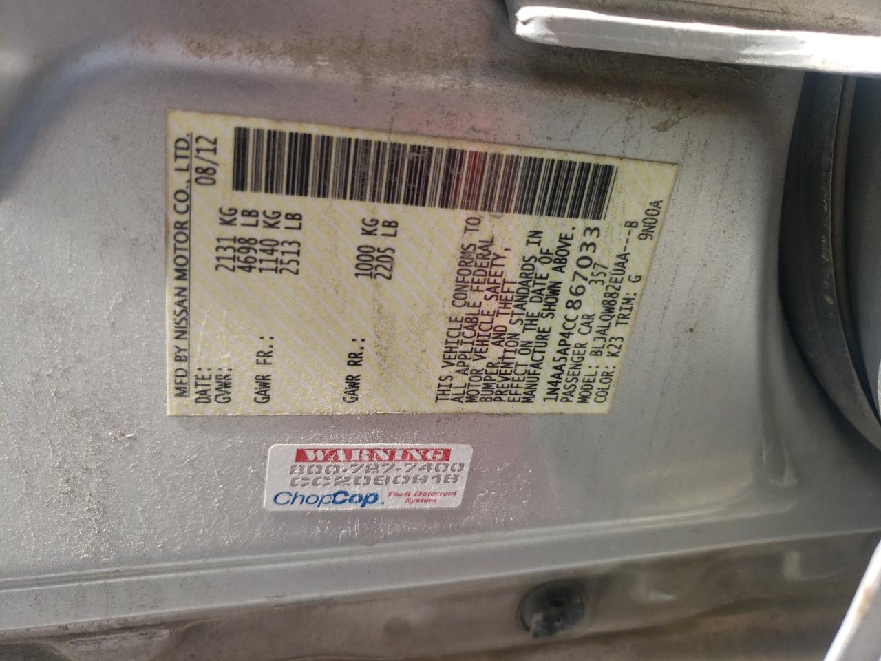 Photo 10 from auction – 2012 NISSAN MAXIMA S with VIN 1N4AA5AP4CC867033