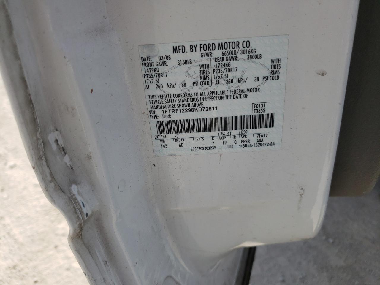 Photo 10 from auction – 2008 FORD F150 with VIN 1FTRF12298KD72611