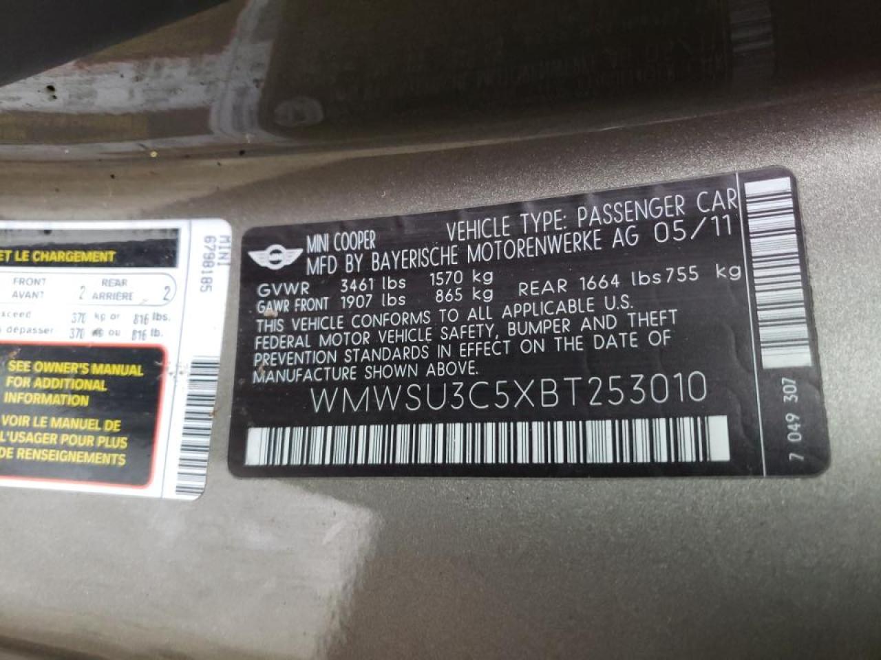 Photo 10 from auction – 2011 MINI COOPER with VIN WMWSU3C5XBT253010