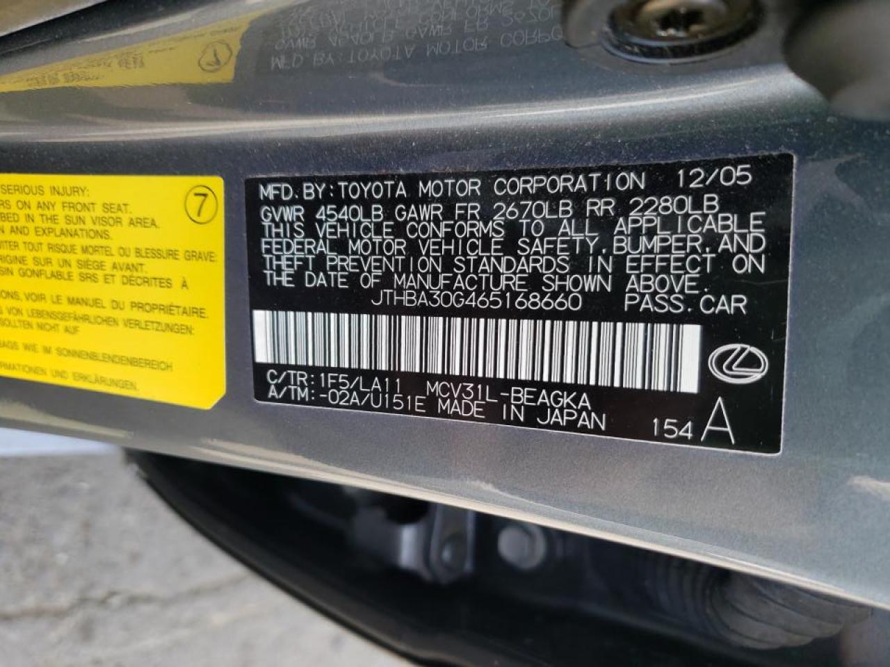 Photo 10 from auction – 2006 LEXUS ES 330 with VIN JTHBA30G465168660