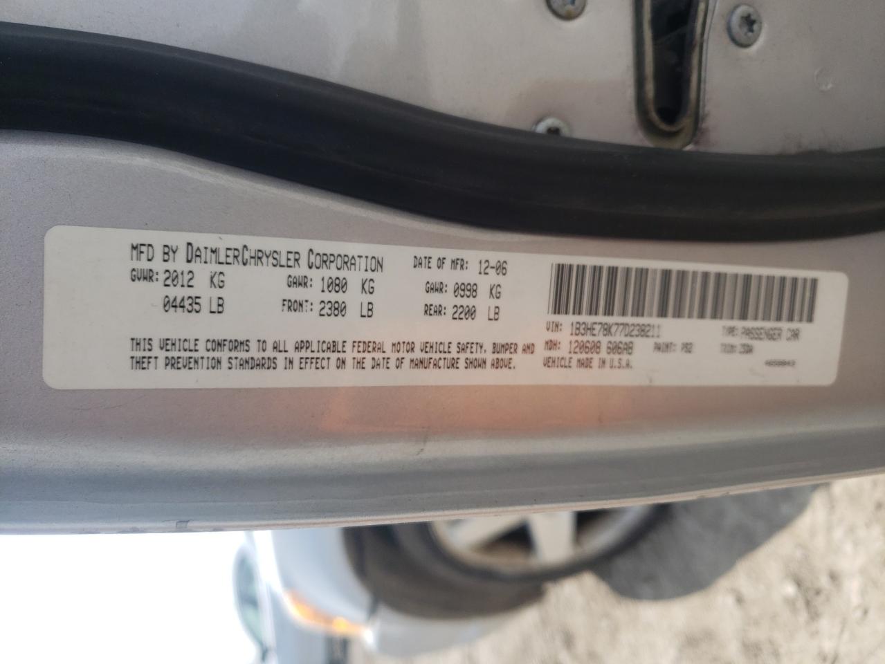Photo 10 from auction – 2007 DODGE CALIBER R/ with VIN 1B3HE78K77D238211
