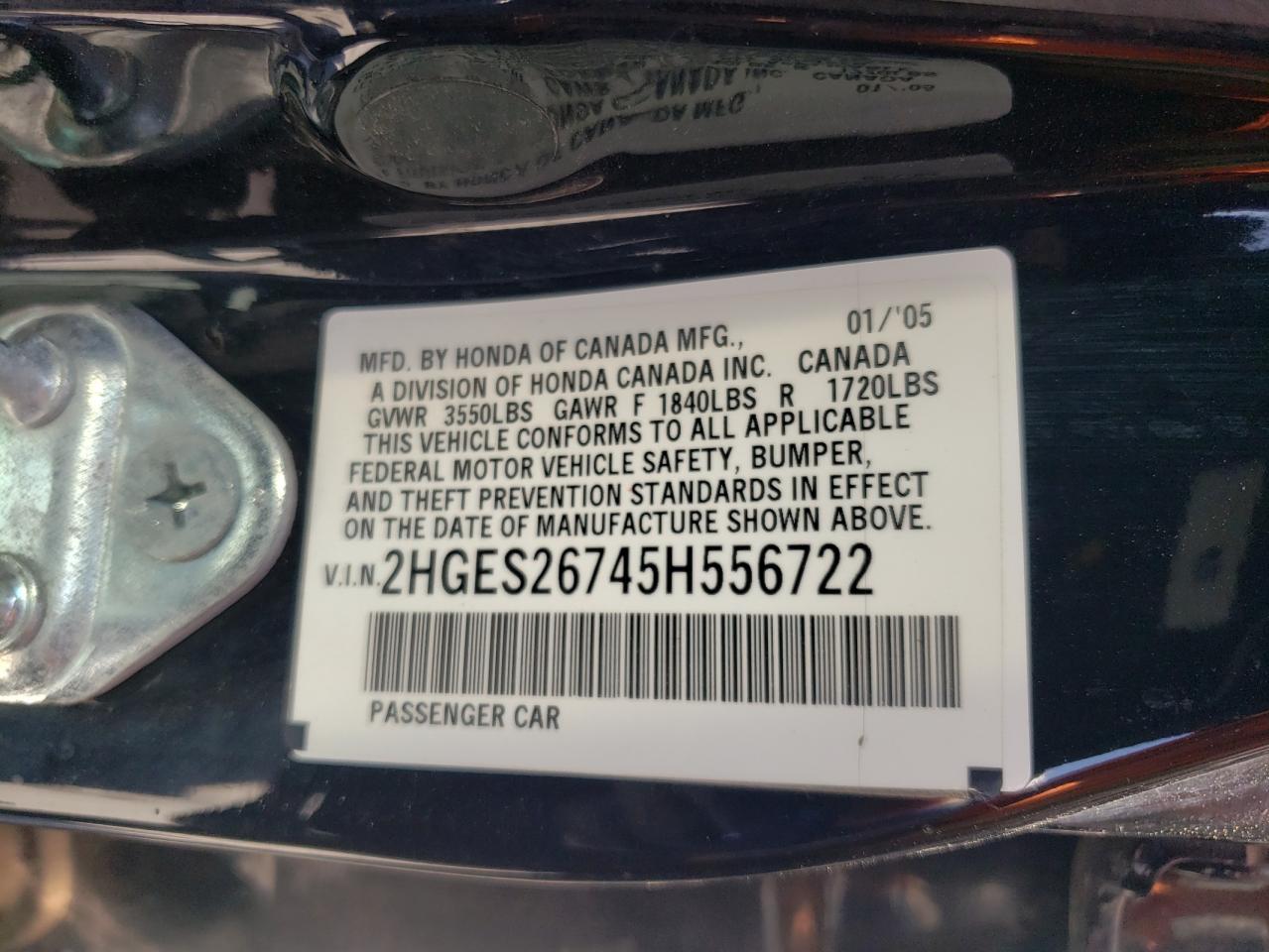 Photo 10 from auction – 2005 HONDA CIVIC EX with VIN 2HGES26745H556722