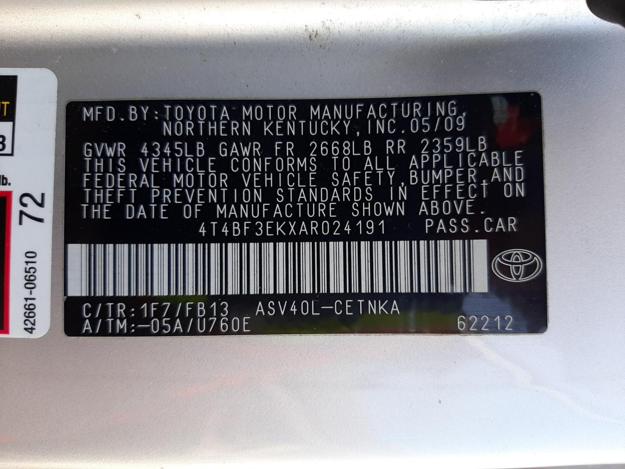 Photo 10 from auction – 2010 TOYOTA CAMRY BASE with VIN 4T4BF3EKXAR024191