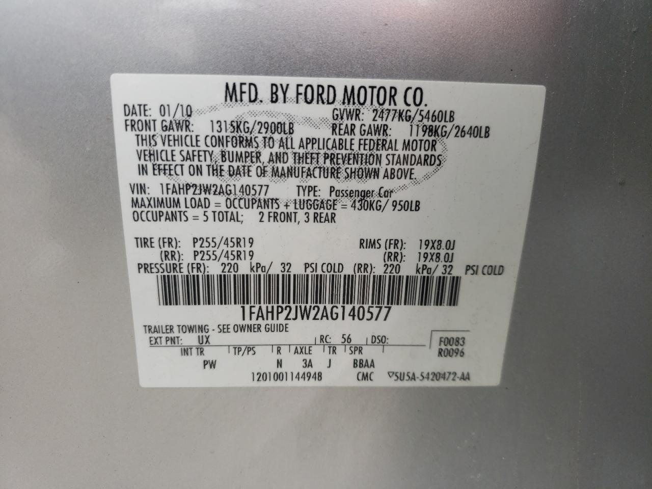 Photo 10 from auction – 2010 FORD TAURUS LIM with VIN 1FAHP2JW2AG140577