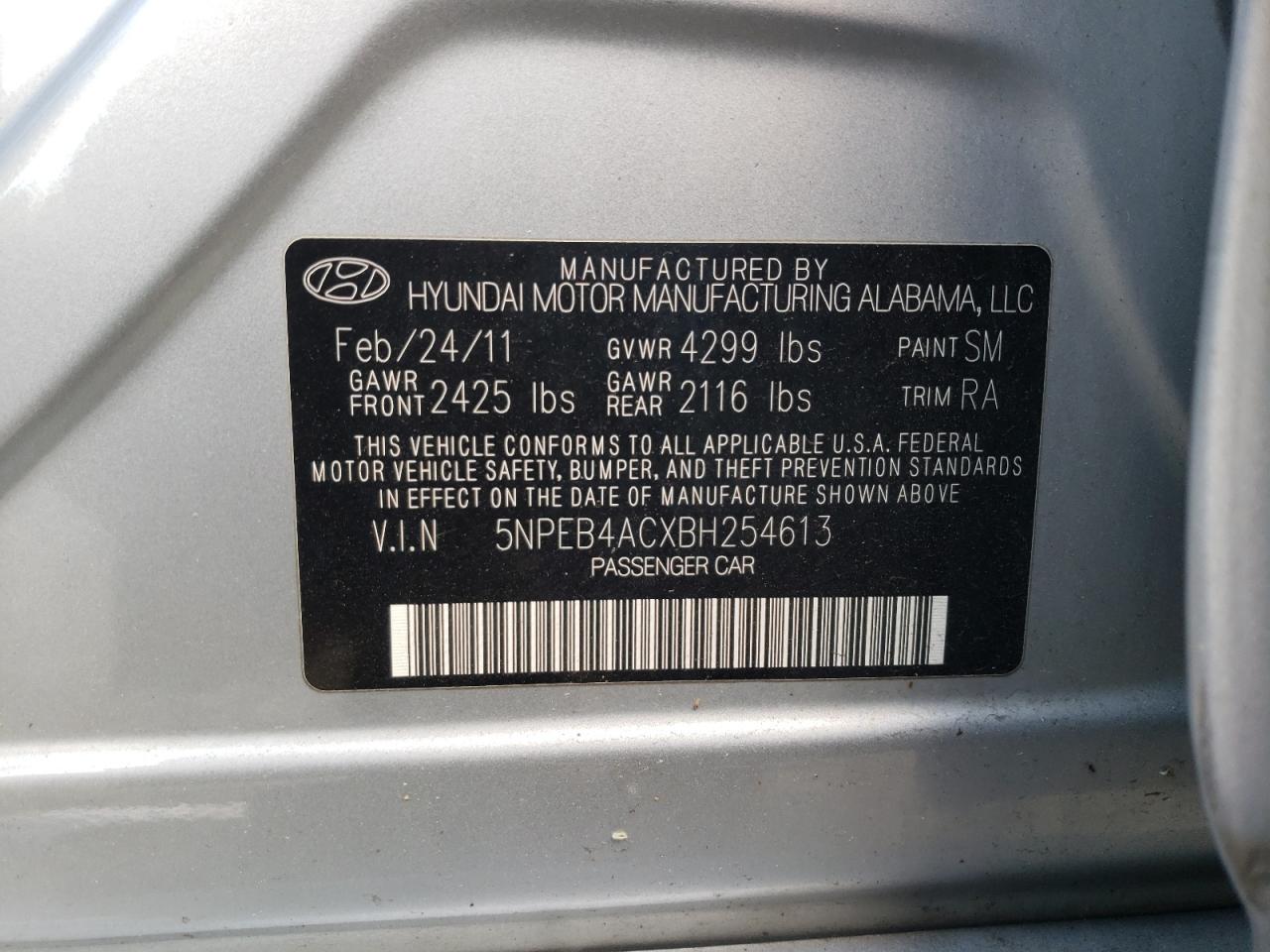 Photo 10 from auction – 2011 HYUNDAI SONATA GLS with VIN 5NPEB4ACXBH254613