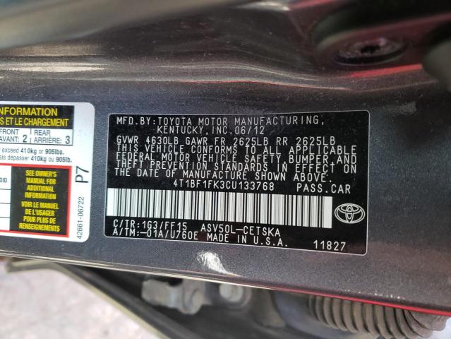 TOYOTA CAMRY BASE 2012 with VIN 4T1BF1FK3CU133768 - Photo from auction