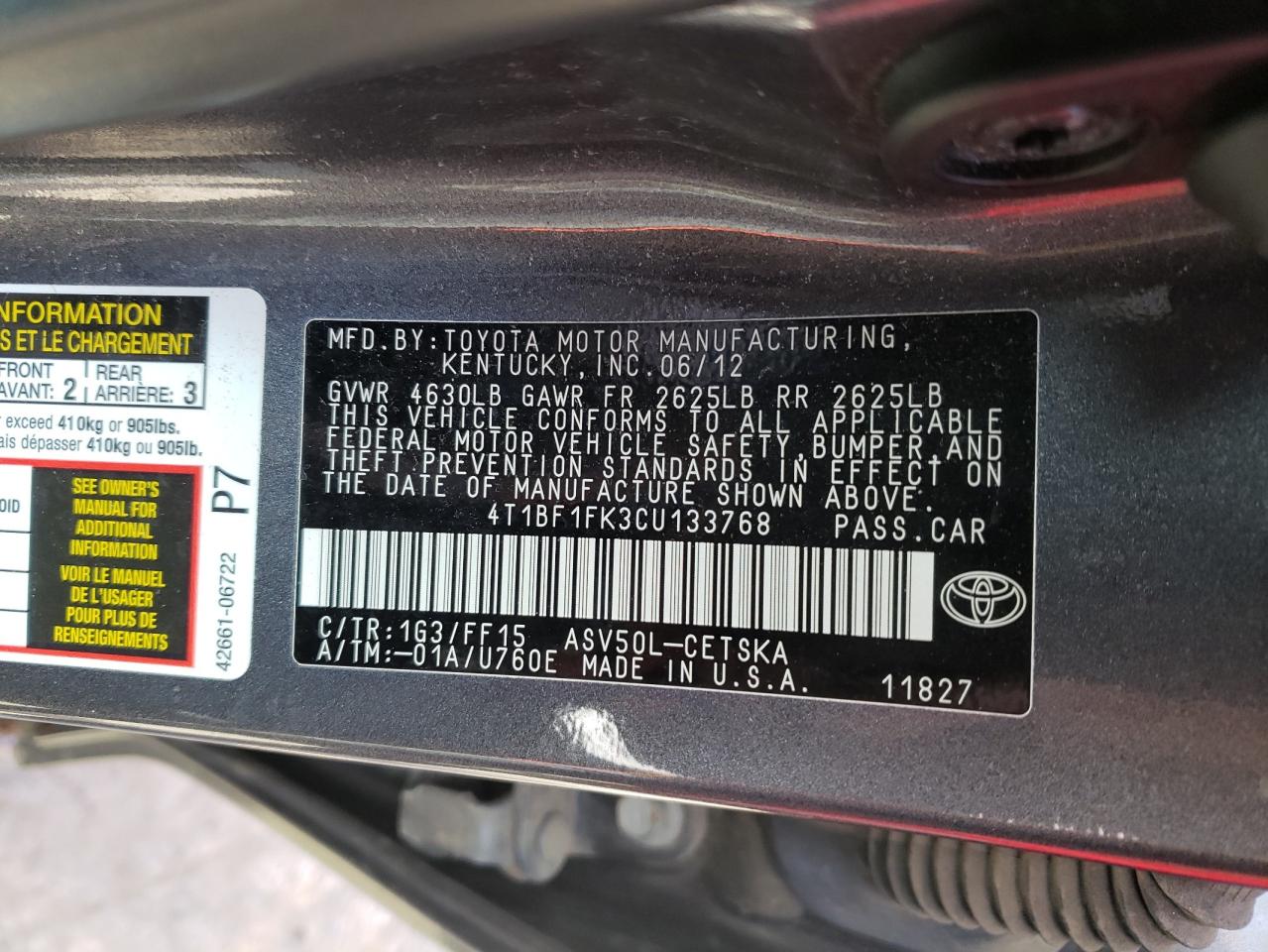 Photo 11 from auction – 2012 TOYOTA CAMRY BASE with VIN 4T1BF1FK3CU133768