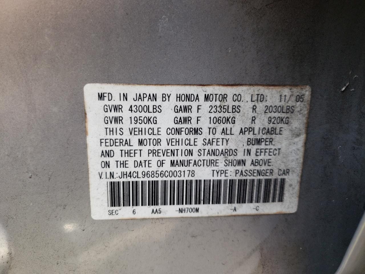 Photo 10 from auction – 2006 ACURA TSX with VIN JH4CL96856C003178