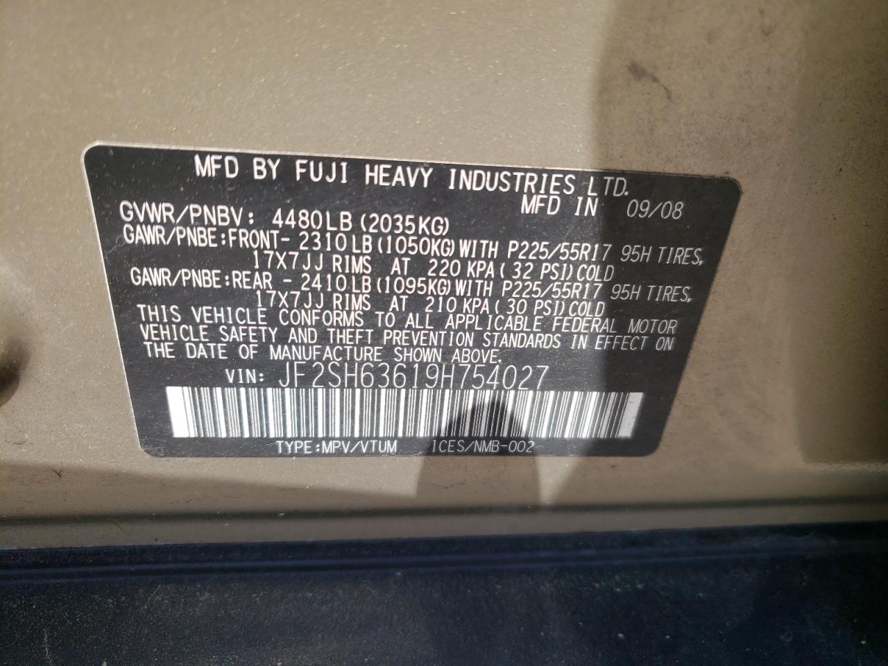 Photo 10 from auction – 2009 SUBARU FORESTER 2 with VIN JF2SH63619H754027