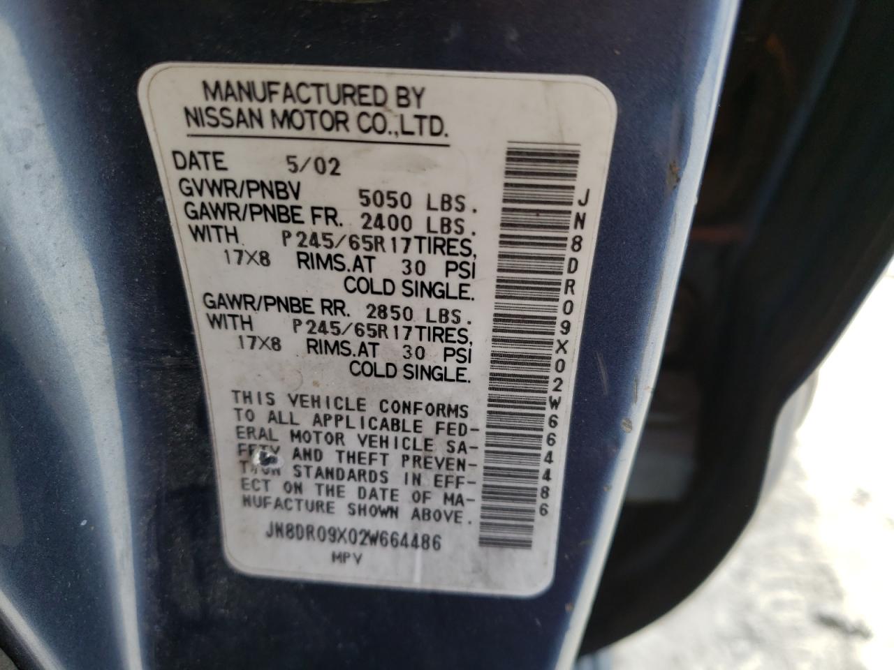 Photo 10 from auction – 2002 NISSAN PATHFINDER with VIN JN8DR09X02W664486