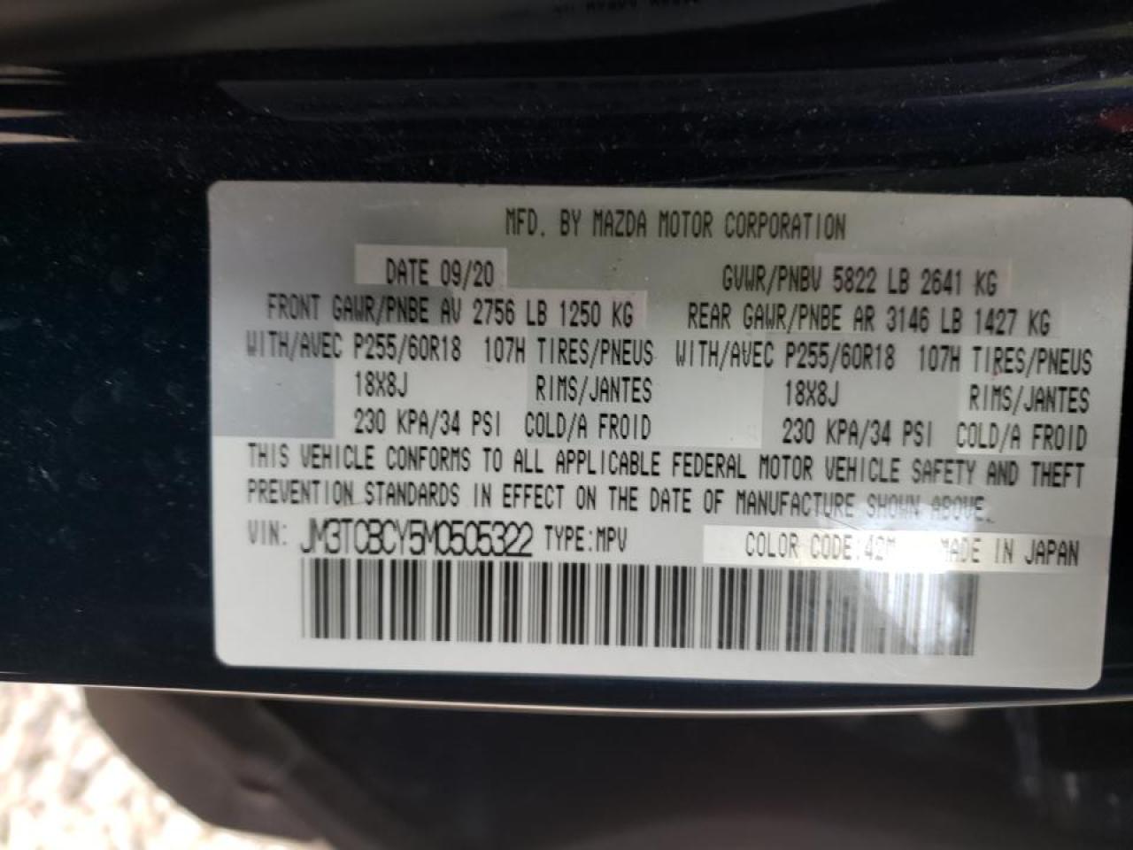 Photo 10 from auction – 2021 MAZDA CX-9 TOURI with VIN JM3TCBCY5M0505322