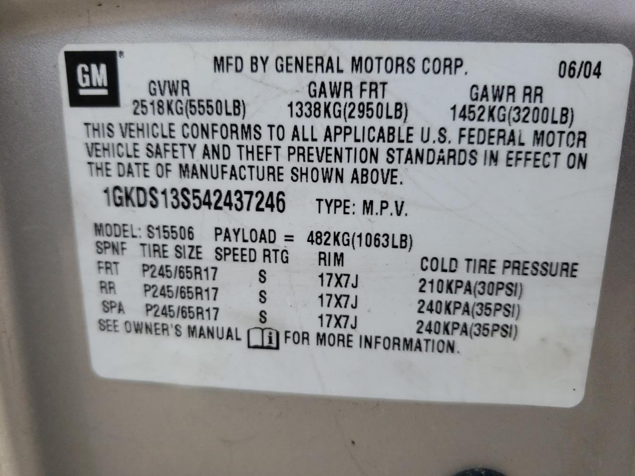 Photo 10 from auction – 2004 GMC ENVOY with VIN 1GKDS13S542437246