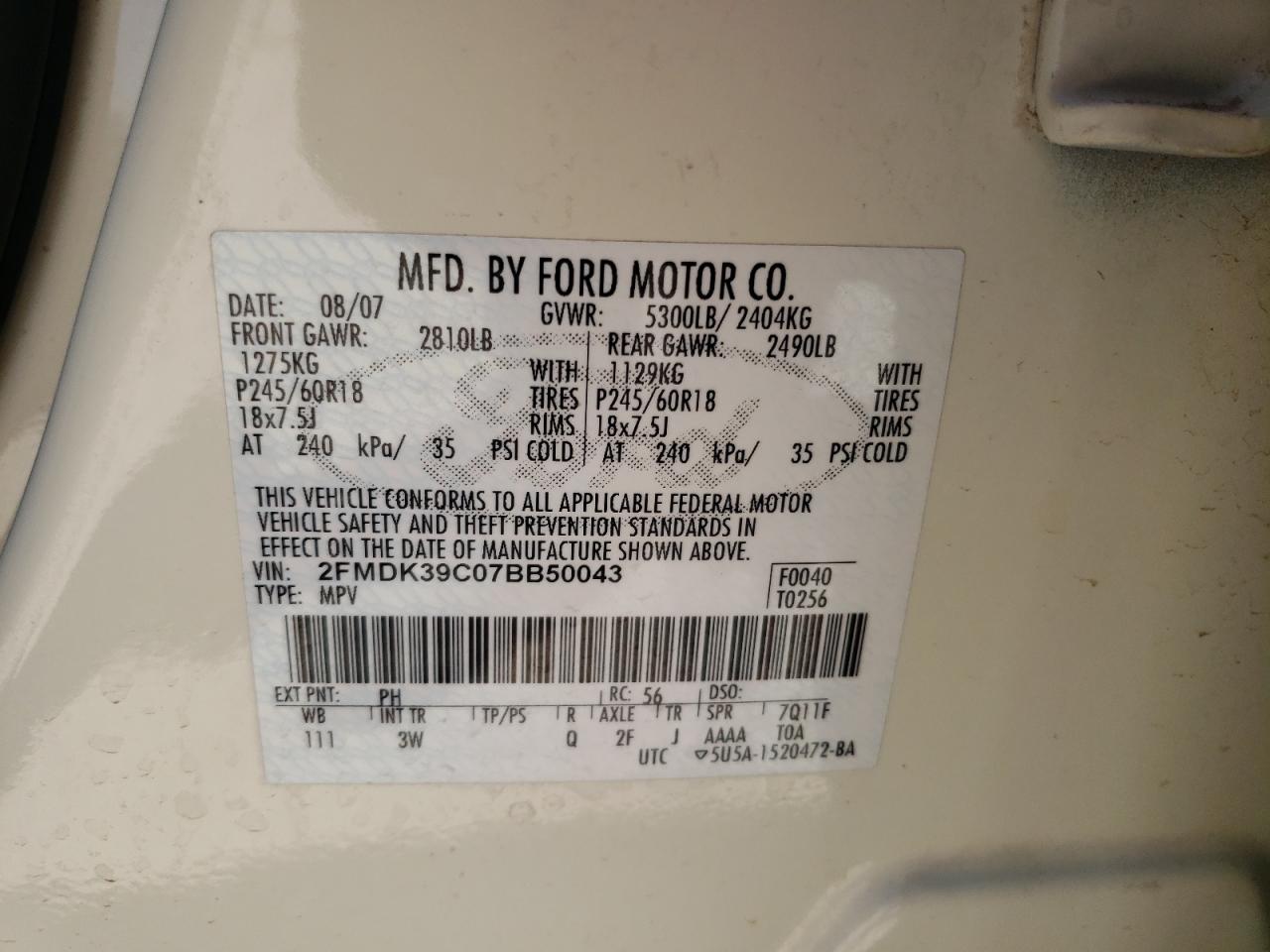Photo 10 from auction – 2007 FORD EDGE SEL P with VIN 2FMDK39C07BB50043