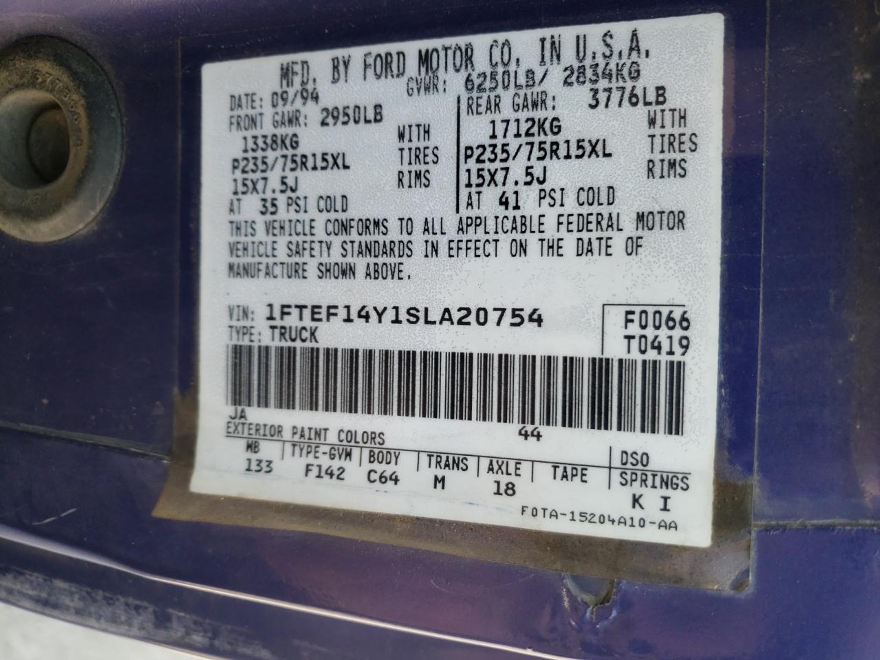 Photo 10 from auction – 1995 FORD F150 with VIN 1FTEF14Y1SLA20754