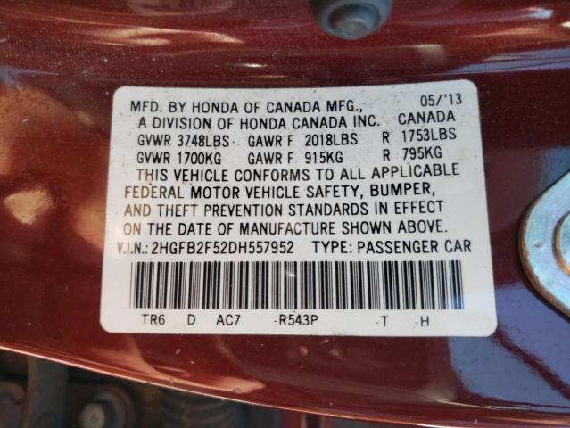 Photo 10 from auction – 2013 HONDA CIVIC LX with VIN 2HGFB2F52DH557952