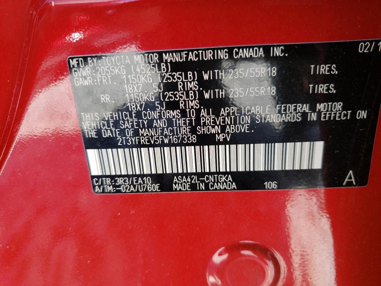 Photo 10 from auction – 2015 TOYOTA RAV4 LIMIT with VIN 2T3YFREV5FW167338