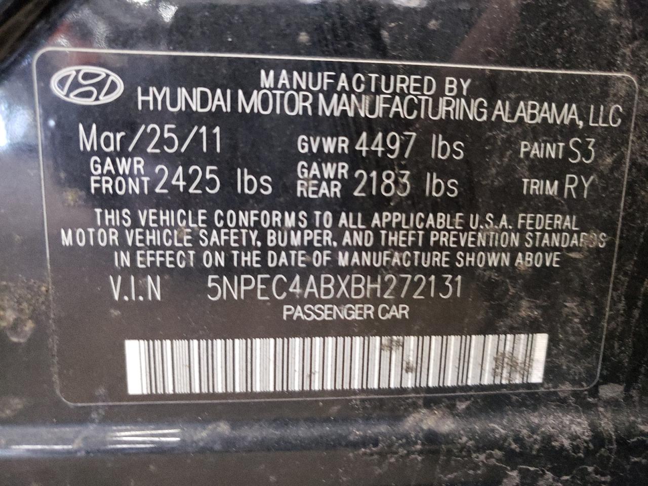 Photo 10 from auction – 2011 HYUNDAI SONATA SE with VIN 5NPEC4ABXBH272131