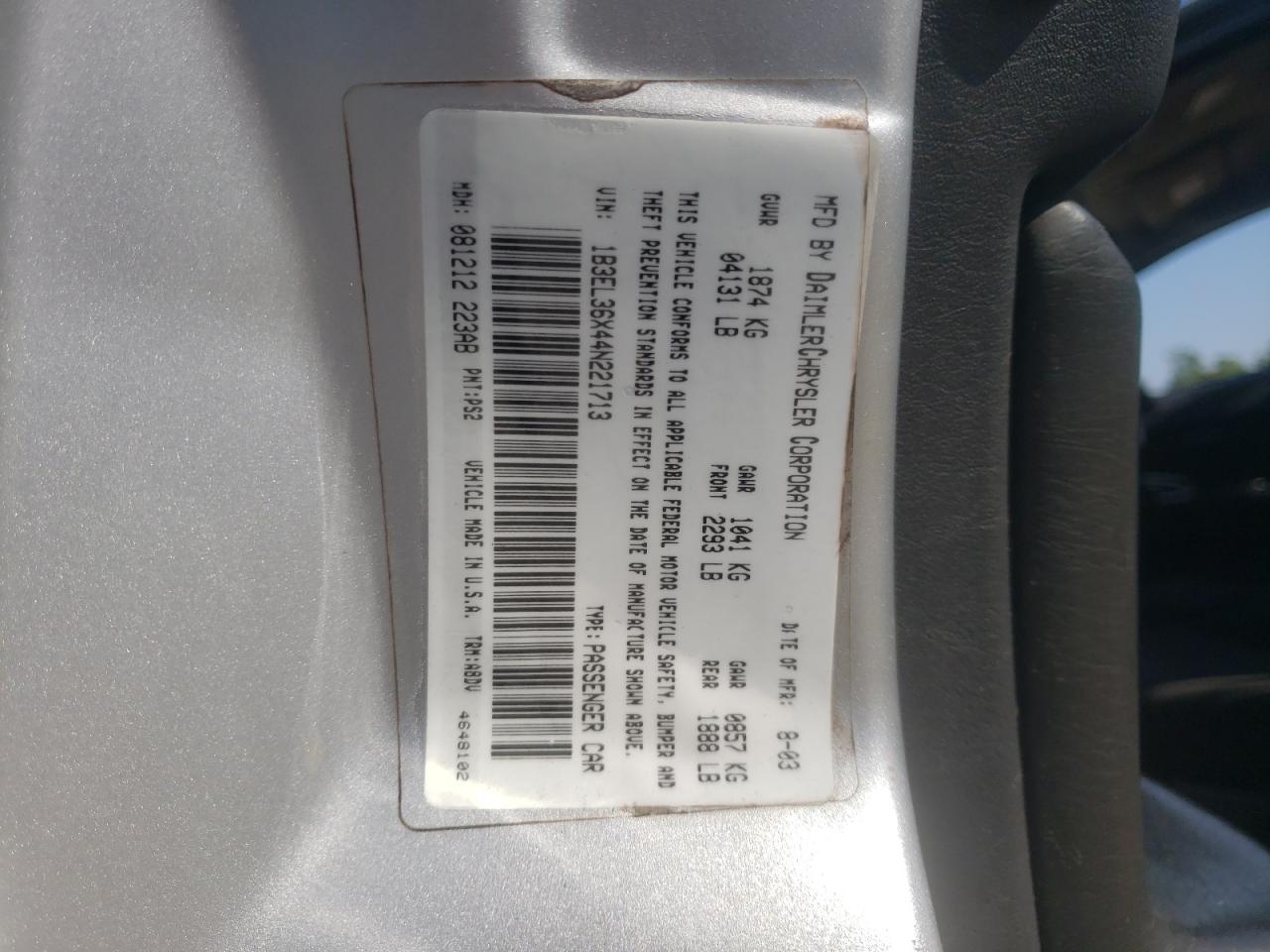 Photo 10 from auction – 2004 DODGE STRATUS SE with VIN 1B3EL36X44N221713
