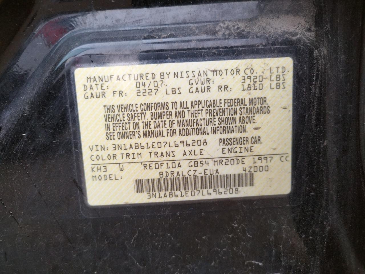 Photo 10 from auction – 2007 NISSAN SENTRA 2.0 with VIN 3N1AB61E07L696208