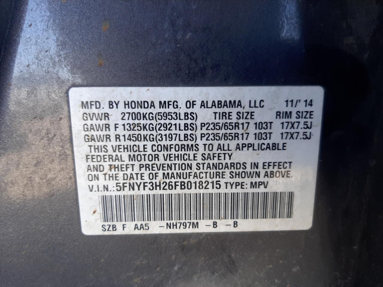 Photo 10 from auction – 2015 HONDA PILOT LX with VIN 5FNYF3H26FB018215
