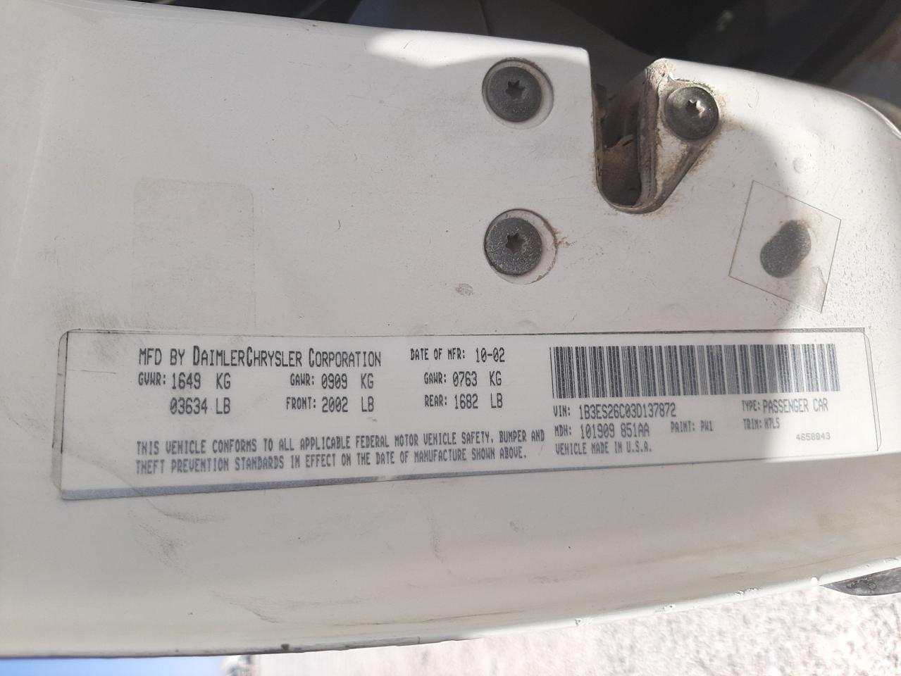 Photo 10 from auction – 2003 DODGE NEON SE with VIN 1B3ES26C03D137872