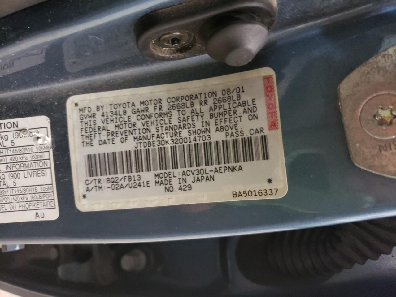 Photo 10 from auction – 2002 TOYOTA CAMRY LE with VIN JTDBE30K320014703