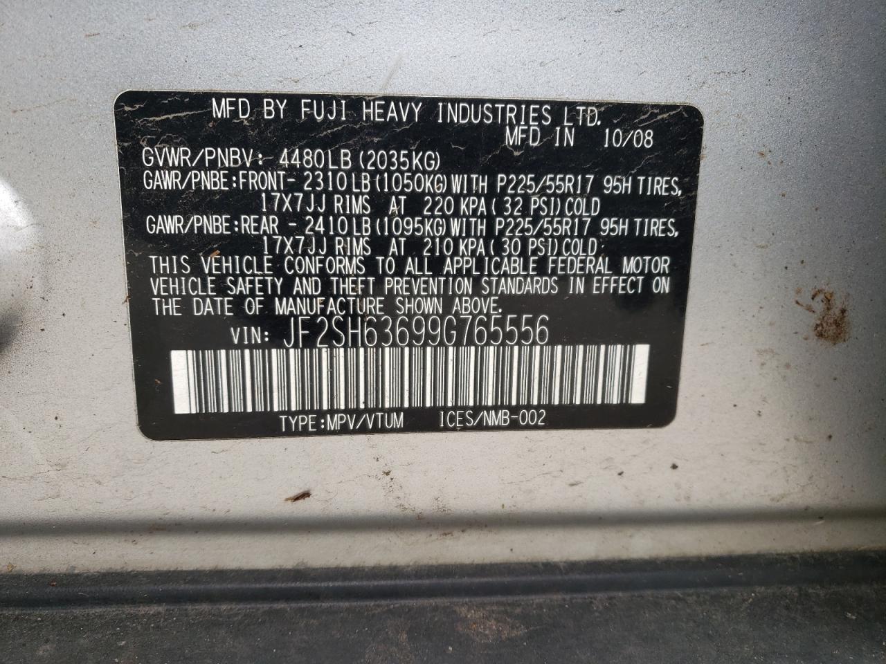 Photo 10 from auction – 2009 SUBARU FORESTER 2 with VIN JF2SH63699G765556