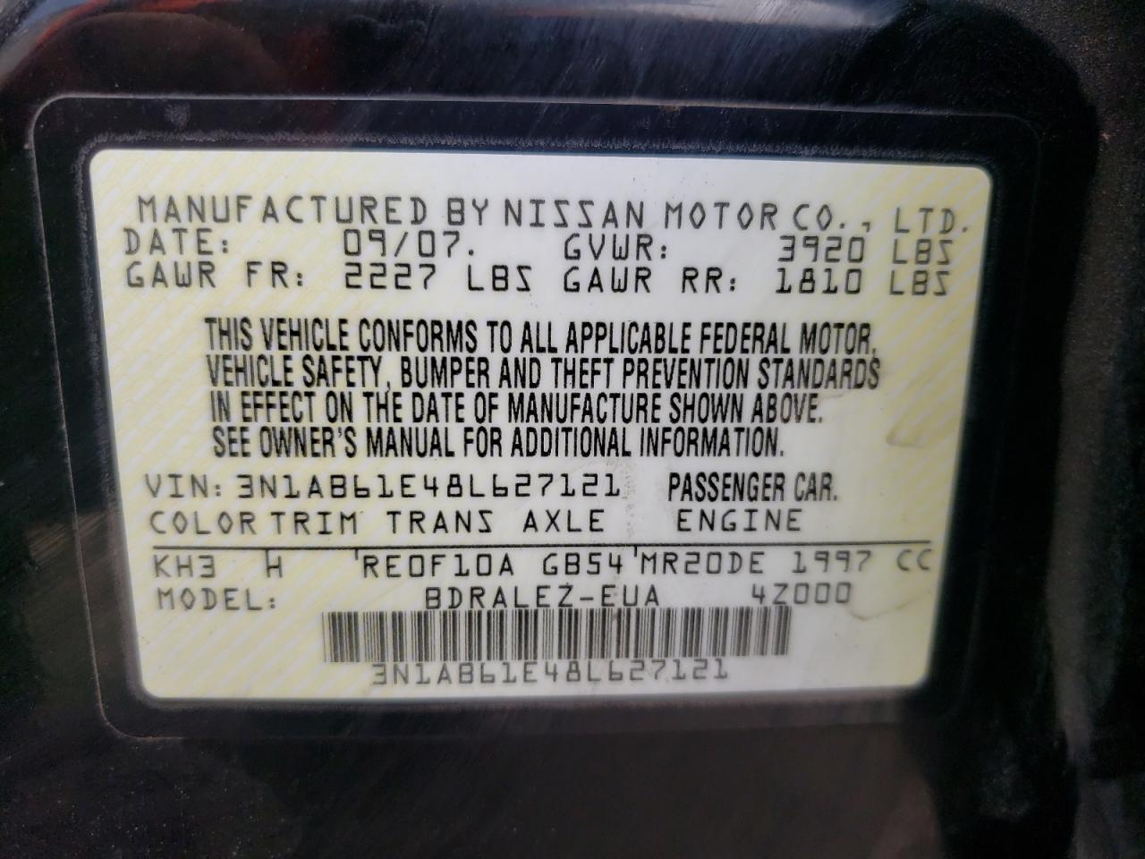 Photo 10 from auction – 2008 NISSAN SENTRA 2.0 with VIN 3N1AB61E48L627121