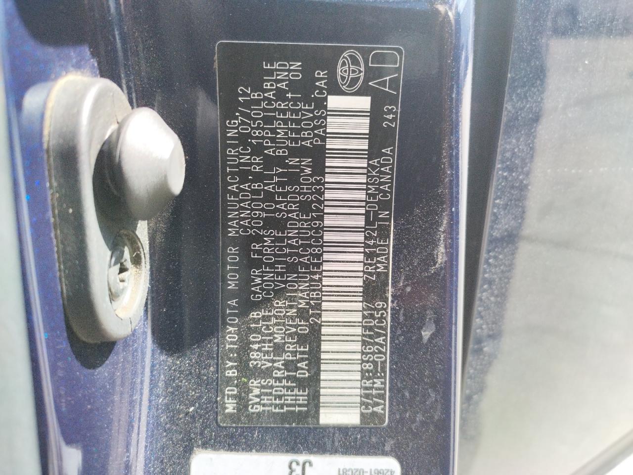 Photo 10 from auction – 2012 TOYOTA CAROLLA with VIN 2T1BU4EE8CC912233