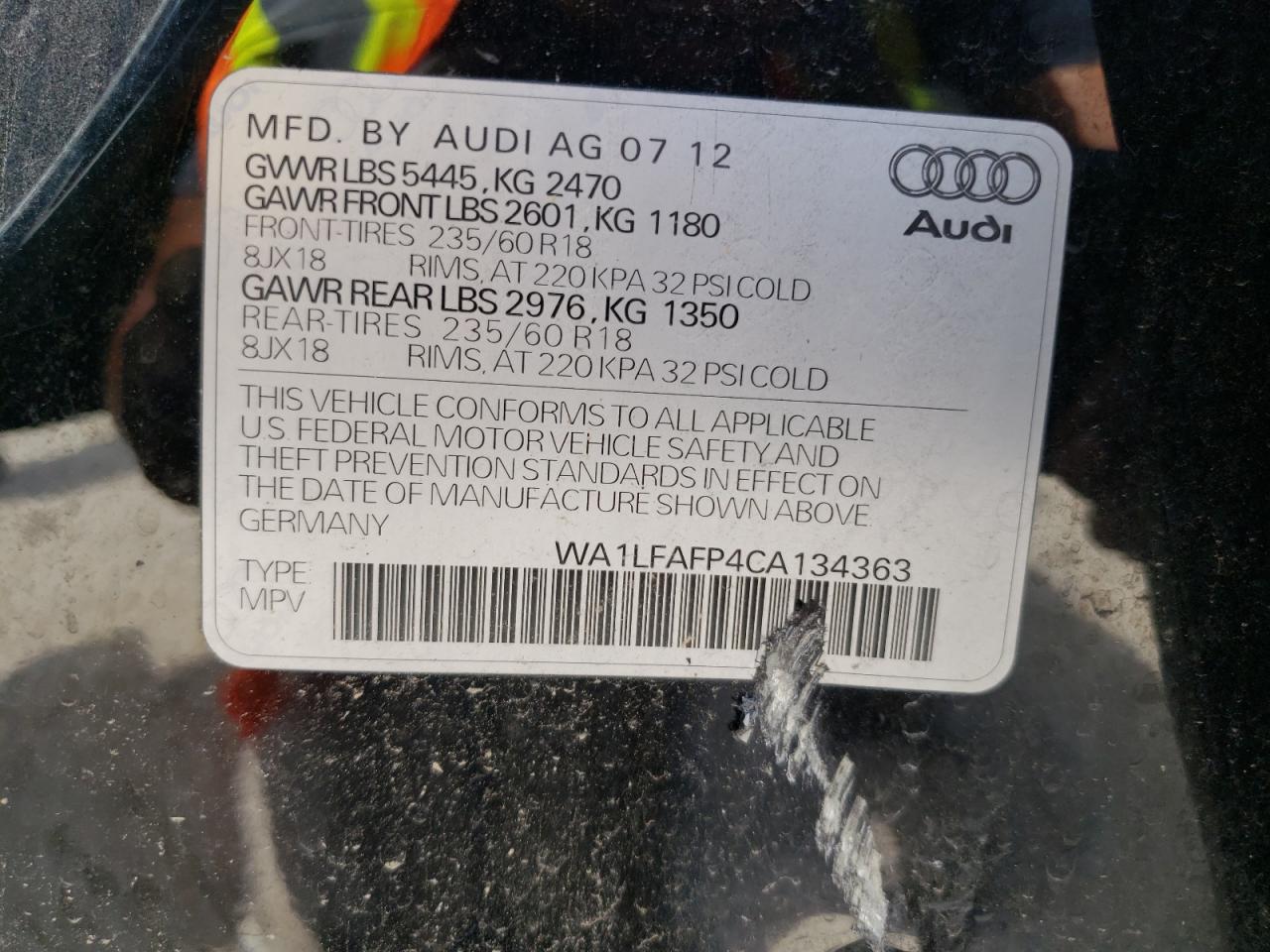 Photo 10 from auction – 2012 AUDI Q5 PREMIUM with VIN WA1LFAFP4CA134363