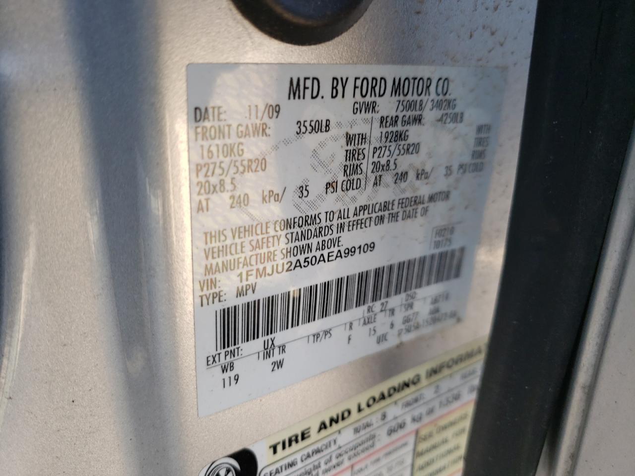 Photo 10 from auction – 2010 FORD EXPEDITION with VIN 1FMJU2A50AEA99109