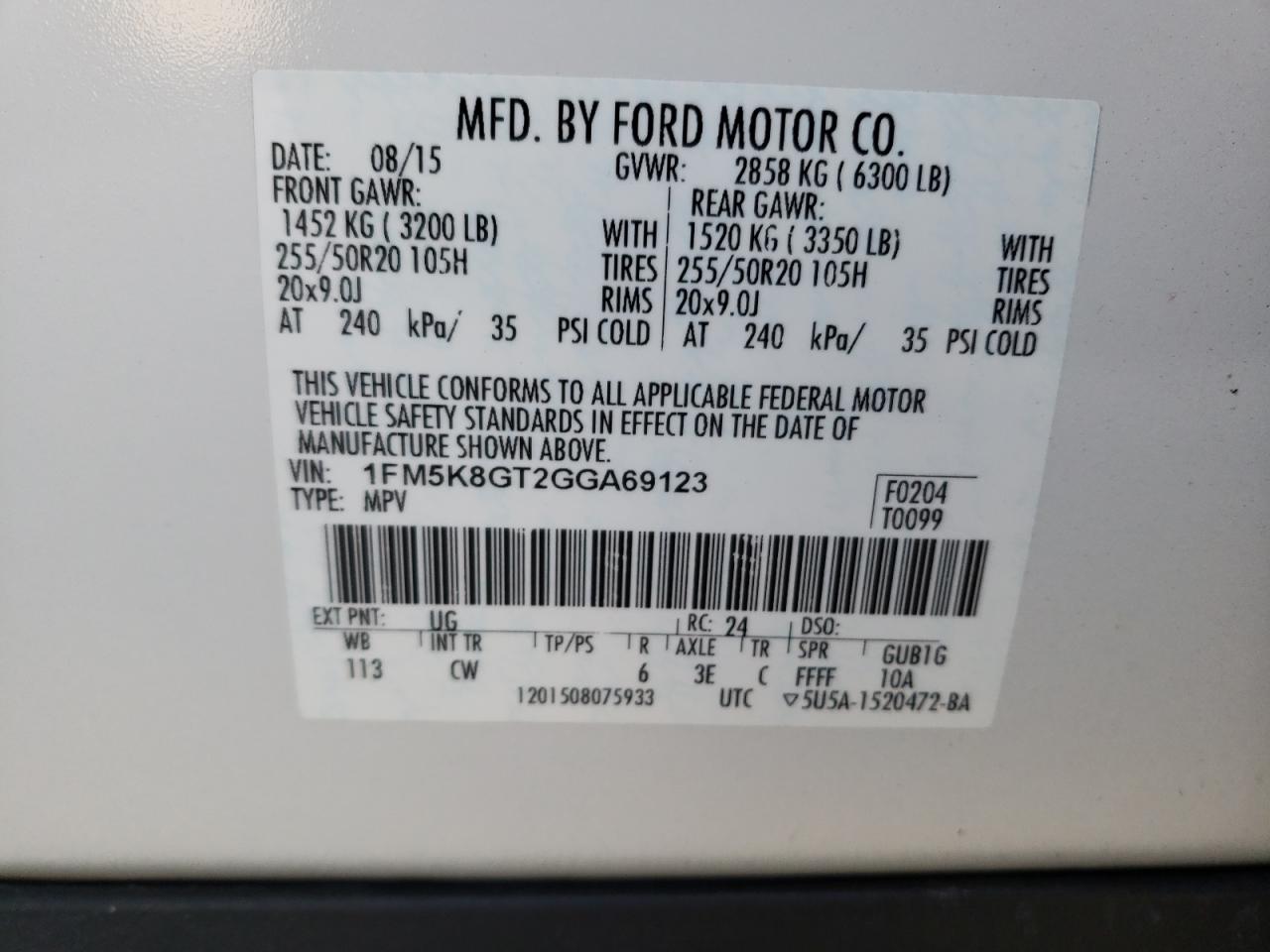 Photo 10 from auction – 2016 FORD EXPLORER S with VIN 1FM5K8GT2GGA69123
