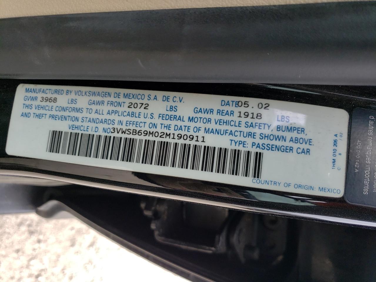 Photo 10 from auction – 2002 VOLKSWAGEN JETTA GLS with VIN 3VWSB69M02M190911