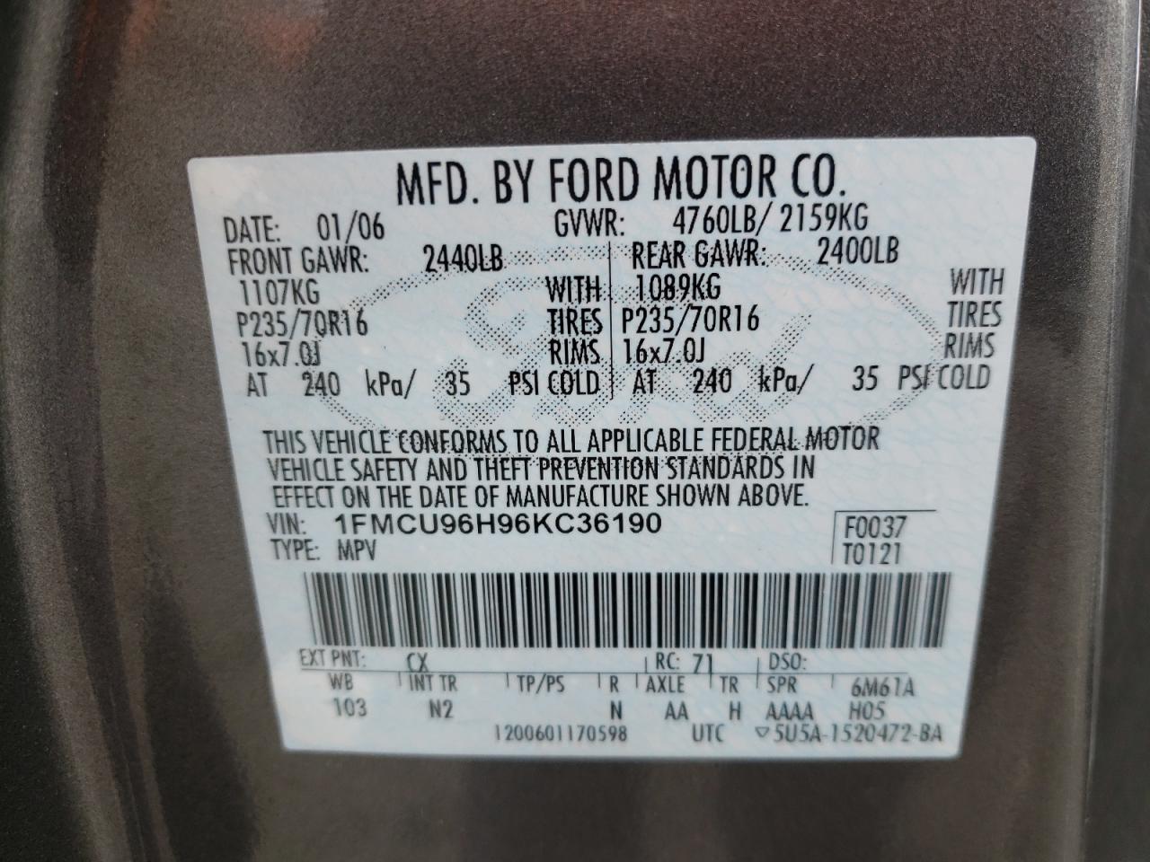 Photo 10 from auction – 2006 FORD ESCAPE HEV with VIN 1FMCU96H96KC36190