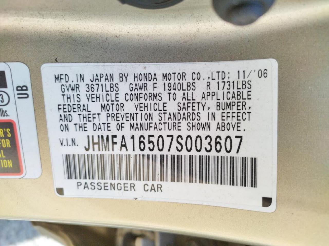 Photo 10 from auction – 2007 HONDA CIVIC LX with VIN JHMFA16507S003607