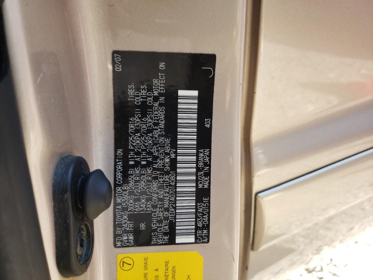 Photo 10 from auction – 2007 TOYOTA HIGHLANDER with VIN JTEDP21A070140801
