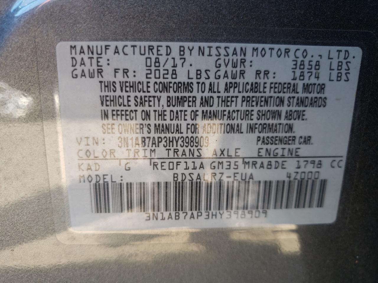 Photo 10 from auction – 2017 NISSAN SENTRA S with VIN 3N1AB7AP3HY398909