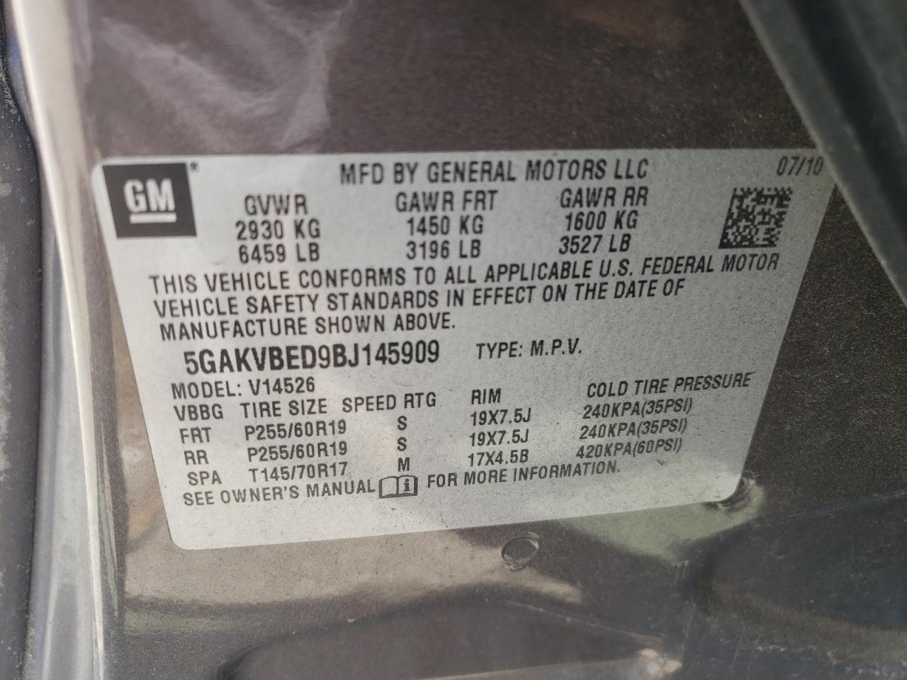 Photo 10 from auction – 2011 BUICK ENCLAVE CX with VIN 5GAKVBED9BJ145909